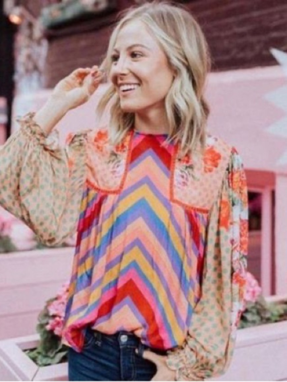Blank London Multicolor Chevron & Floral Peasant Blouse - Women Tops
